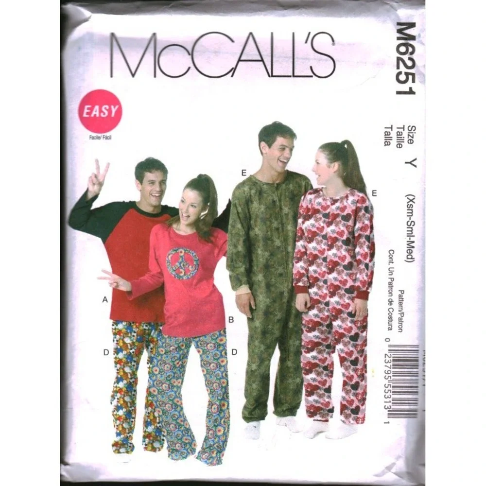 McCalls M6251 Sewing Pattern Misses Mens Teens Tops Pants Jumpsuit‎ Size XS-S